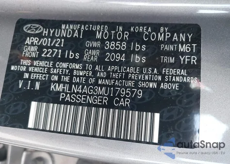 2021 Hyundai Elantra Sel z USA, uszkodzony, nr VIN KMHLN4AG3MU179579
